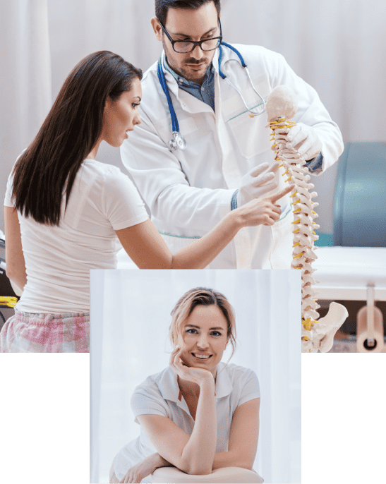 A medical profession explaining spinal issues to a patient with the help of a plastic model and a smiling woman resting her head on her hand