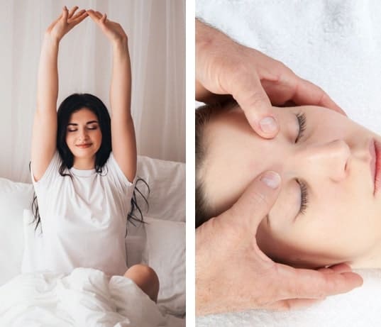 A woman sitting in bed stretching her arms above her head and a woman getting a head massage
